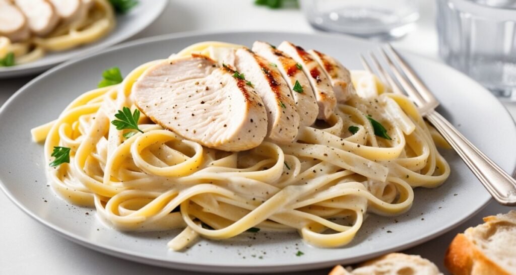 Closeup shot of a plate of chicken Alfredo. The dish features tender slices of grilled chicken breast atop fettuccine pasta, all coated in a creamy Alfredo sauce and garnished with fresh parsley and black pepper. A fork rests beside the plate, and a glass of water and bread are visible in the background