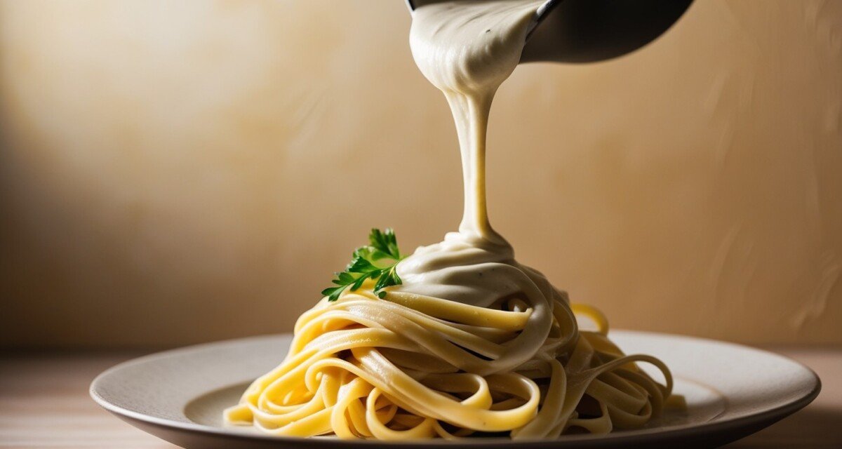 Pouring rich and creamy Alfredo sauce over a plate of fettuccine pasta, garnished with a sprig of fresh parsley